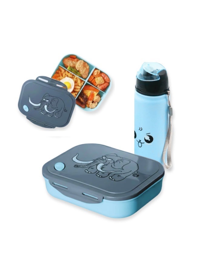 MIZAJIC Bento Lunch Box for Kids with 400ml Water Bottle Leakproof 4 Compartment Food Container Durable Unbreakable & Eco Friendly Lunch Box for School & Picnic Dishwasher Safe (Blue with Bottle) - Image 1